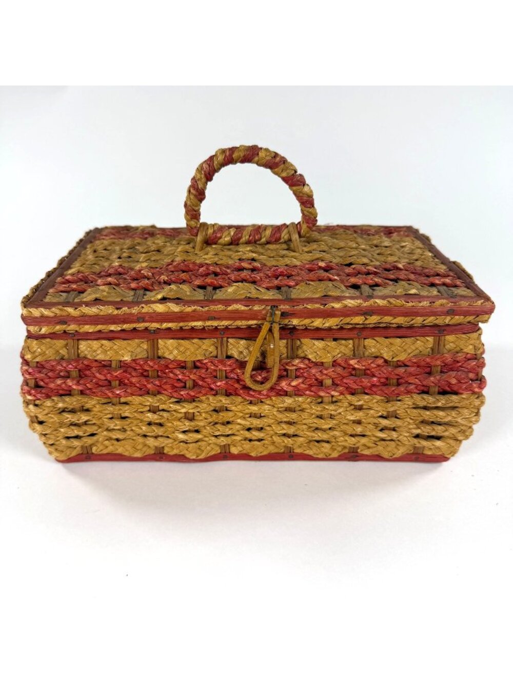 1960's Sewing Basket Braided Vintage Woven Sisal & Wicker Wood Base 10 x 6 x 4.5
